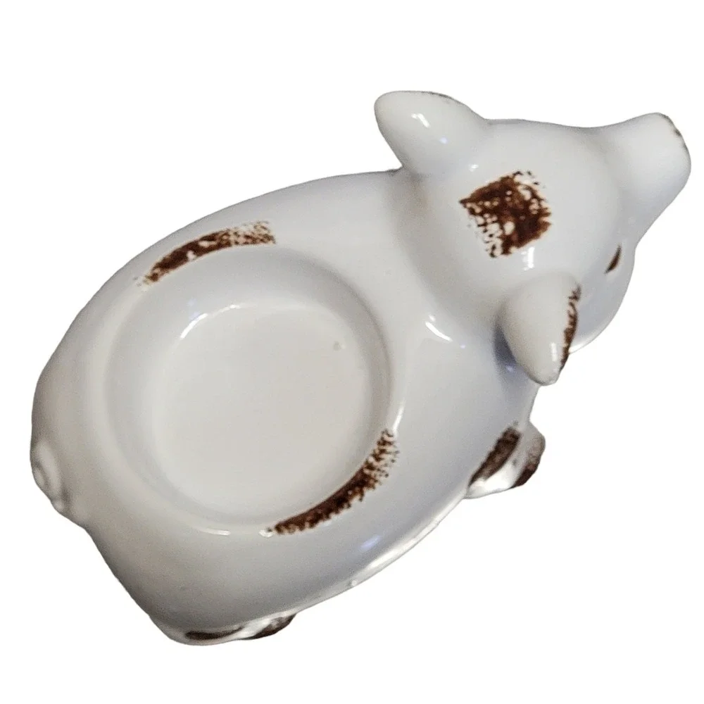 Ceramic Pig LED Tealight Votive Candle Holder White Brown Distressed Farmhouse